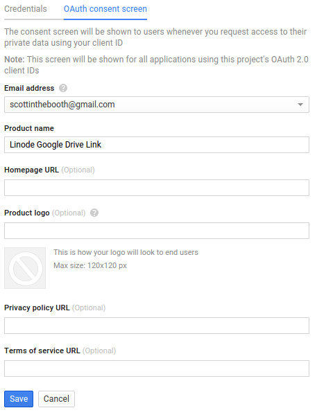 Configuring the Google Drive API project. I named mine &ldquo;Google Drive Linode link&rdquo;