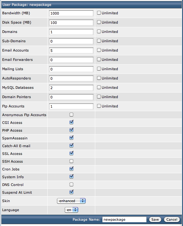 DirectAdmin Add User Package screen.