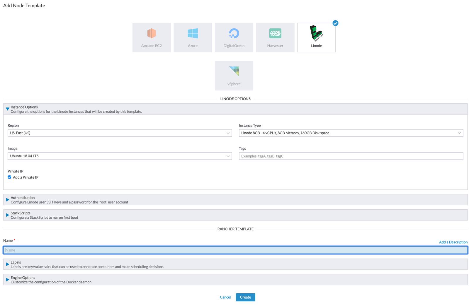 Rancher Add Node Template form - Linode options